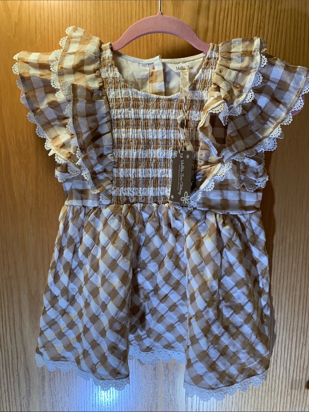 New! Girls Matilda Jane Cream & Brown Gingham Smocked Dress - Size 10